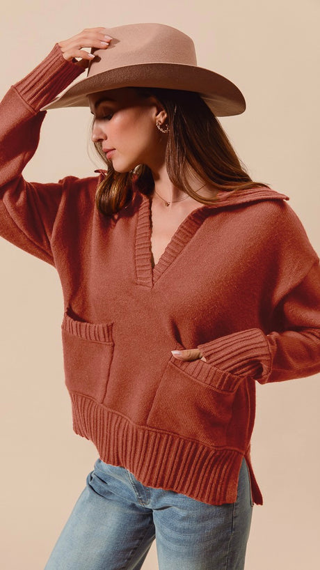 Ribbed Trim Patch Pkt Pullover Sweater