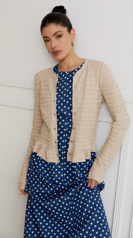Pointelle Knit Ruffle Hem Cardigan