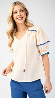 Scallop Trim Puff Sleeve Gauze Top