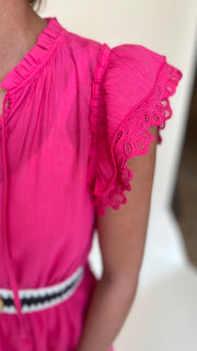 Ruffle Lace Shoulder V-Neck Dress