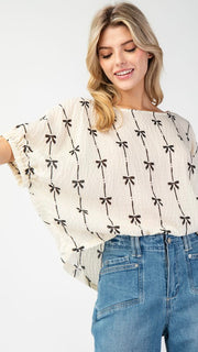 Bow Print Elastic Cuff Slouch Top