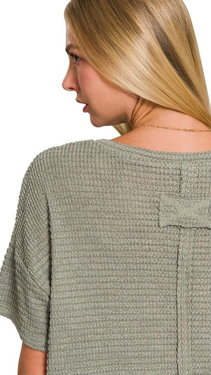 Textured Waffle Knit V-Neck Top