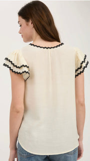 V-Neck Double Ruffle Top w/Trim