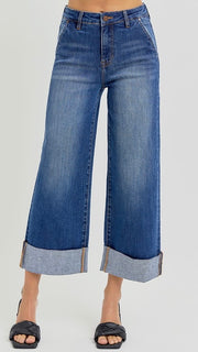 High Rise Ankle Wide Leg Cuff Jean