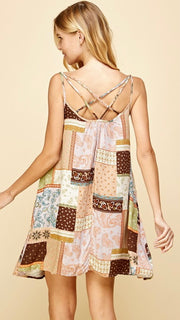 Patchwork Boho Strappy Back Dress w/Pkts