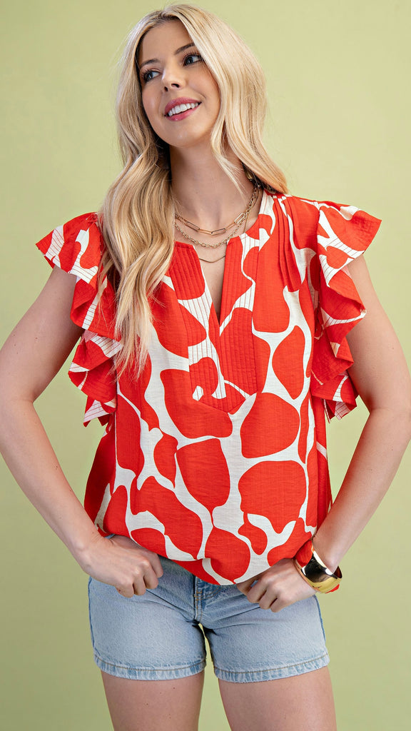 Stitched Flutter Sleeve Split Neck Top