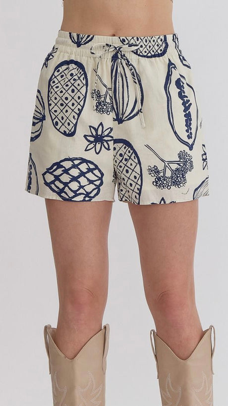 Tropical Fruit Print Shorts w/Pockets