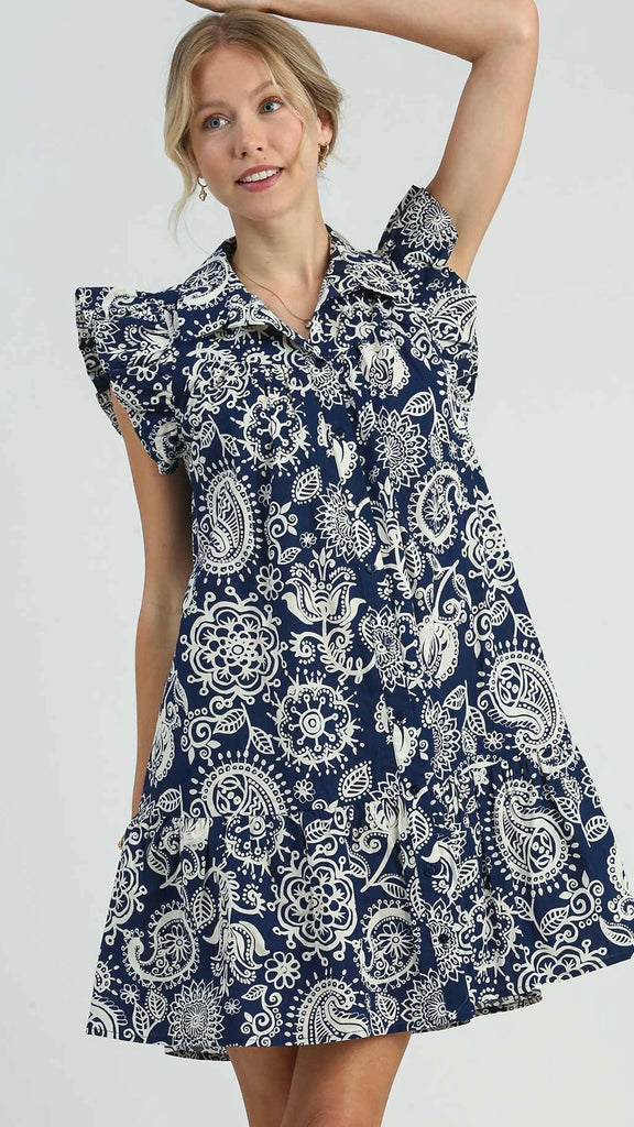 Ruffle Shoulder Paisley Tiered Dress