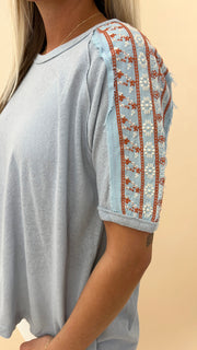 Embroidered Raw Raglan Sleeve Top