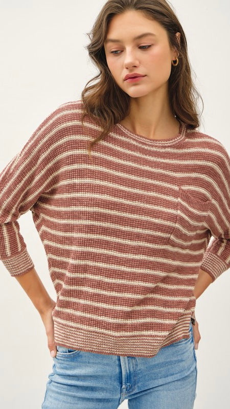 Stripe Lt Waffle Knit Dolman Sweater