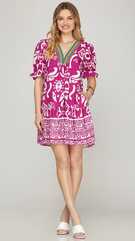 Puff Sleeve Dress w/Stripe Neck Trim