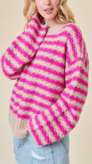 Ribbed Trim Bright Stripe Sweater