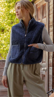 Fleece Zipper Vest with Denim Trim