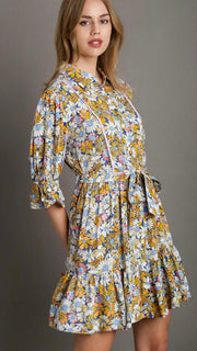 Daisy Print Ruffle Half Sleeve Dress