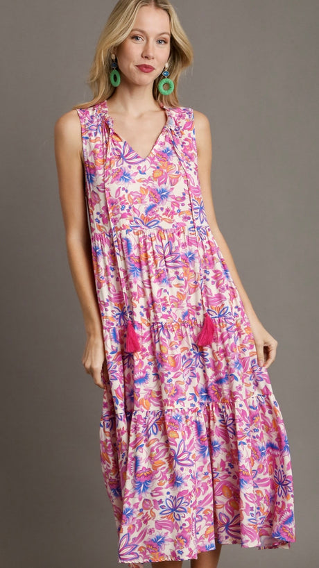 Mixed Floral Tie Front Midi Dress