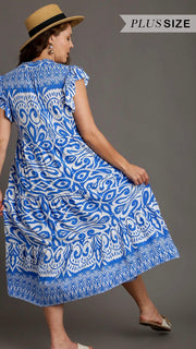 + Border Print Ruffle Midi Dress