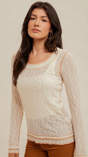 Lace Contrast Stitch L/S Top