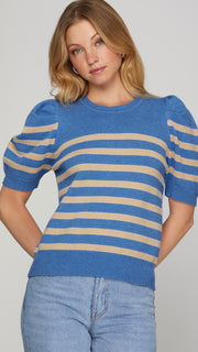 Stripe Sweater Knit Puff Slv Top