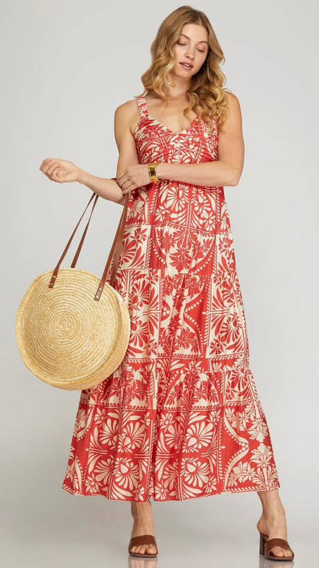 Block Print Pintuck Bust Maxi Dress