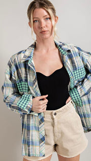 Mixed Fabric Plaid Button Down Top