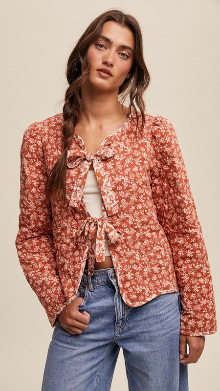 Fem Floral Bow Tie Quilted Jacket