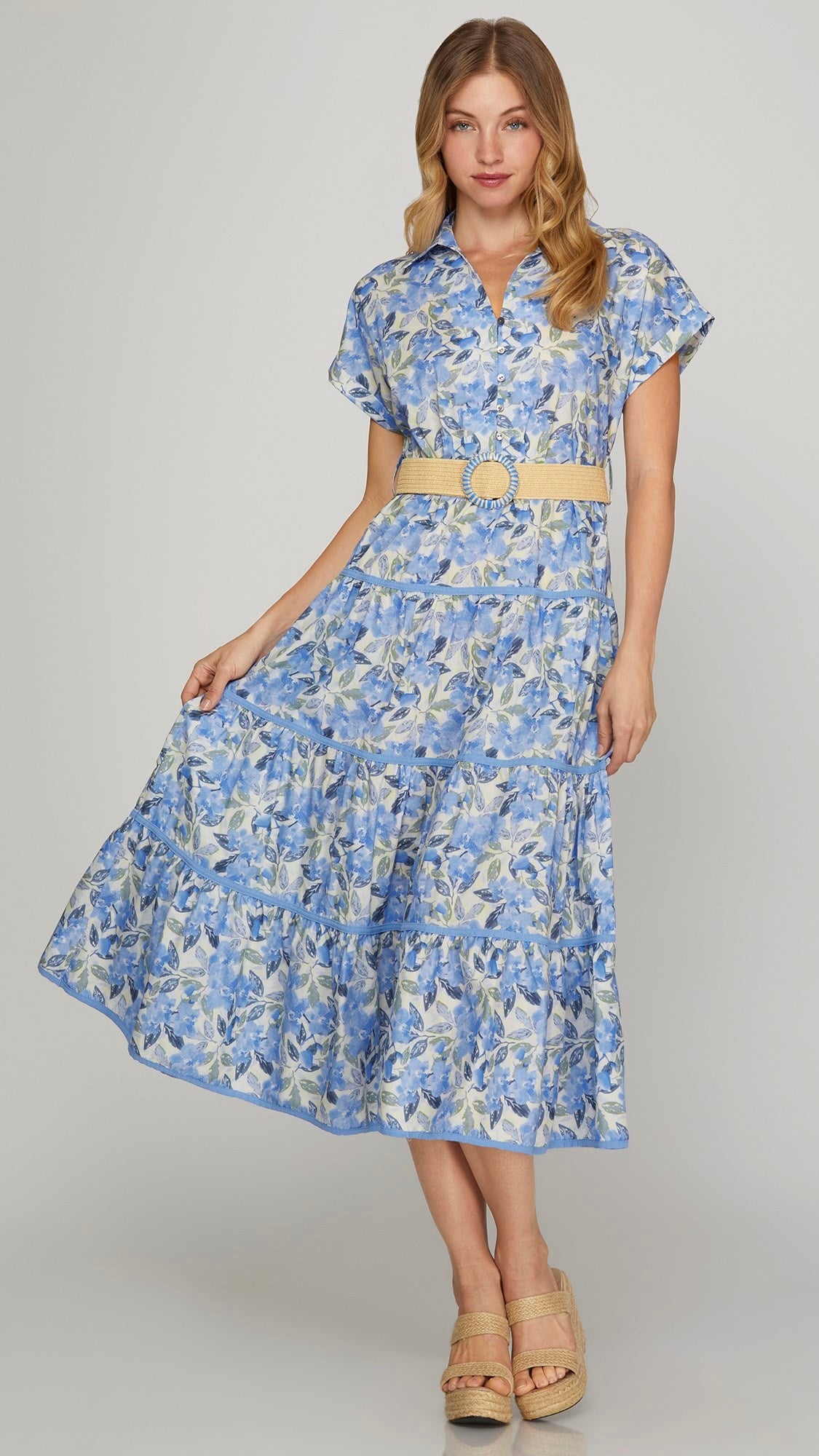 Floral Tiered Midi Dress w/ Stretch Belt | Catfish & Tater Boutique Floral Tiered Midi Dress w/ Stretch Belt | Catfish & Tater Boutique