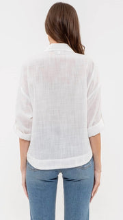 Textured Woven Roll Tab Button Top
