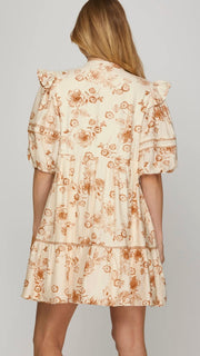 Floral Ruffle Shoulder Puff Sleeve Dress