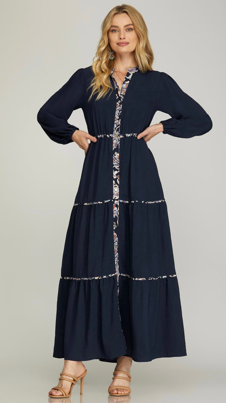 Printed Trim Long Sleeve Maxi Dress