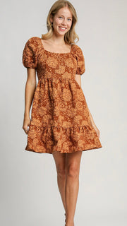 Jacquard Print Puff Sleeve Dress