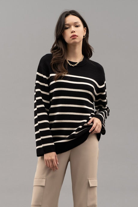 Stripe Wide Button Sleeve Sweater