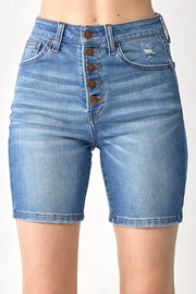 High Rise Button Fly Mid Thigh Shorts