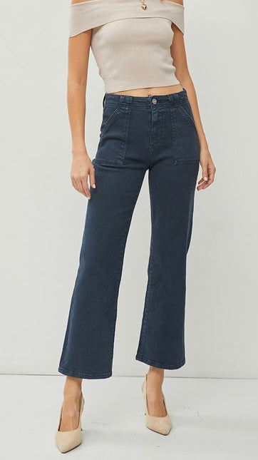 High Rise Patch Pocket Ankle Flare Stretch Jean