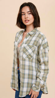 Cotton Blend Plaid Button Front Top