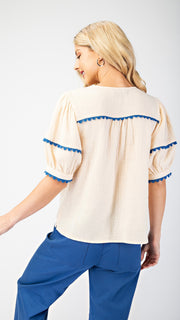 Scallop Trim Puff Sleeve Gauze Top