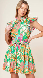 Tropical Print Ruffle Trim Dress