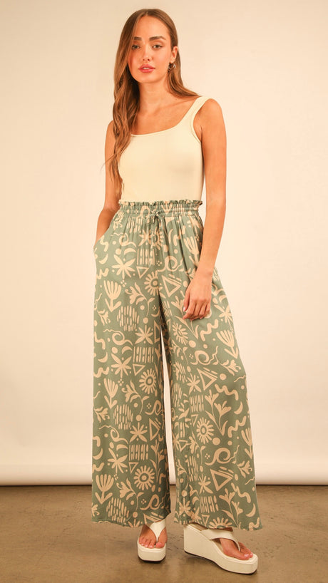 Ruffle Waist Wide Leg Pants w/Pckts