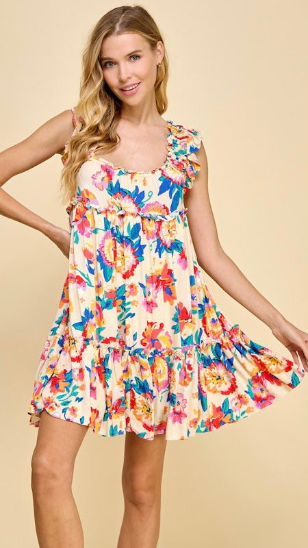 Bold Floral Ruffle X-Back Strap Dress