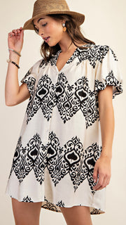 Damask Print Puff Sleeve Dress