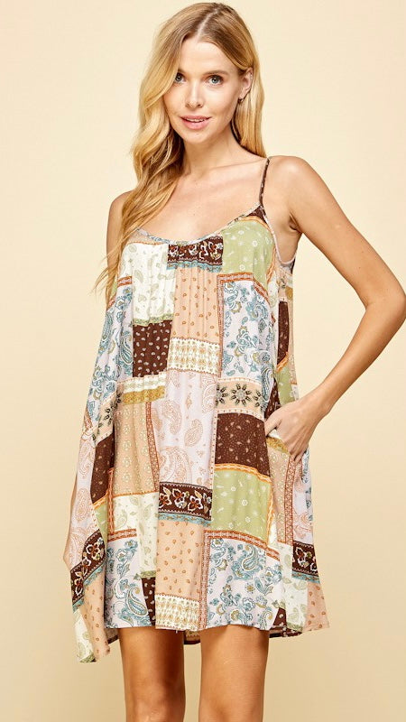 Patchwork Boho Strappy Back Dress w/Pkts