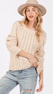 Pointelle Cable Knit Raglan Sweater