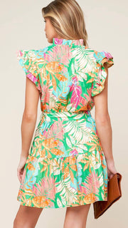 Tropical Print Ruffle Trim Dress