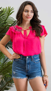 Embroidered Smocked Neck Top