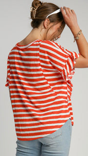 Striped Raw Edge Ruffle Sleeve Top