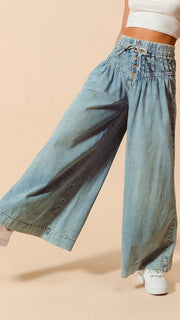 Pintuck Button Waist Wide Leg Jeans