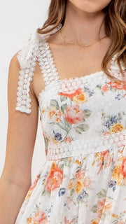 Textured Dot Floral Crochet Trim Midi Dress