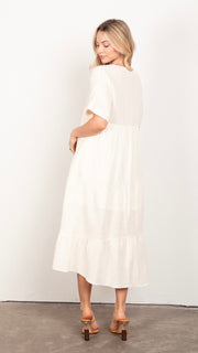 Cotton Woven Tiered V-Neck Midi Dress