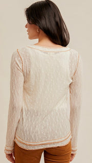 Lace Contrast Stitch L/S Top