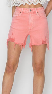 High Rise Destruct Hem Stretch Shorts