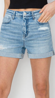 High Rise Frayed Cuff Destruct Shorts